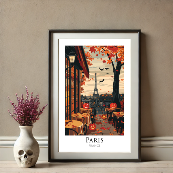 On an autumn evening, a cozy Parisian café terrace adorned with jack-o'-lanterns overlooks the Eiffel Tower. Warm oranges and reds create a festive Halloween atmosphere, with bats flying in the background. Simple decor includes pumpkins, a skull vase, and soft beige walls.