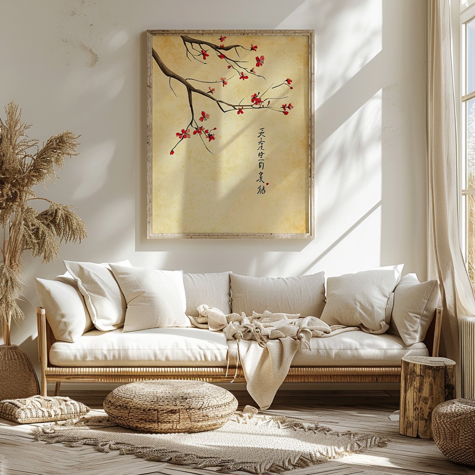 Light beige sofa with white pillows and woven baskets below a framed artwork of red blossoms and script, set in a sunlit, earth-toned living room.