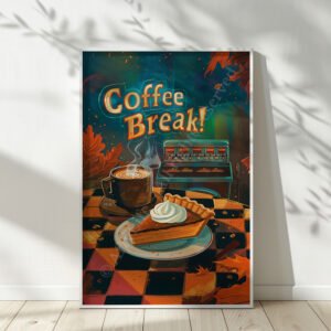 Retro Pumpkin Pie Poster of a coffee cup and pie slice on a black-and-orange checkered table, with “Coffee Break!” text and a jukebox in the background. Cozy, nostalgic vibe.