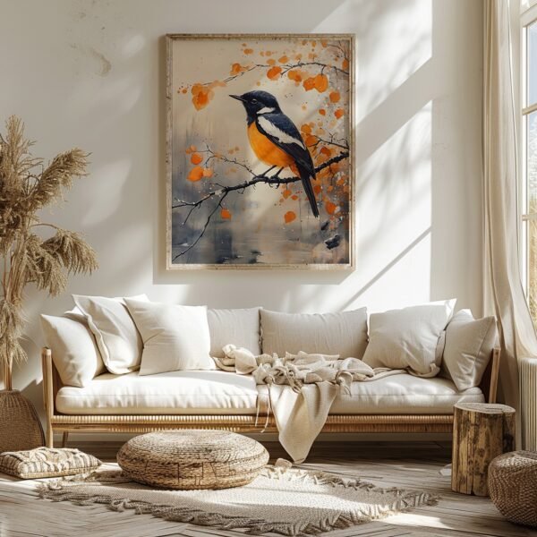 Sunlit living room with beige sofa and plush cushions, adorned with a vibrant Japandi Nature Art bird painting featuring an orange breast on a branch.