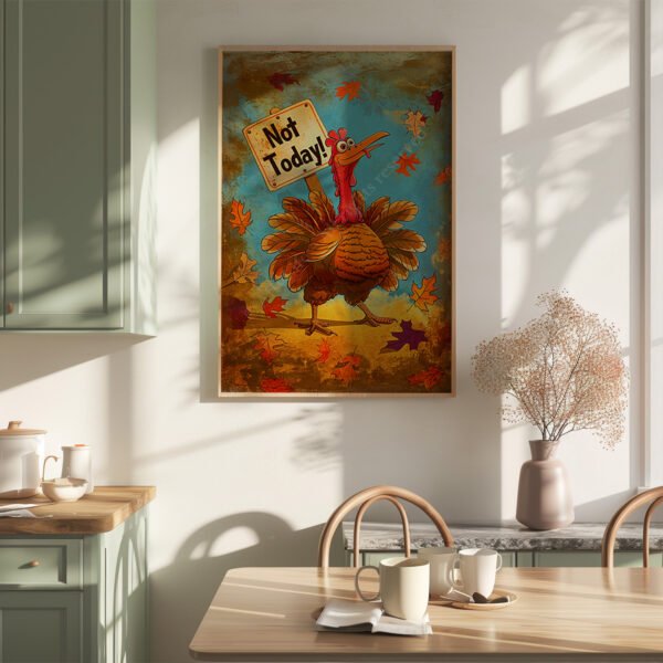 A whimsical Funny Retro Turkey Poster of a turkey holding a "Not Today!" sign hangs on a sunlit kitchen wall, surrounded by autumn leaves.