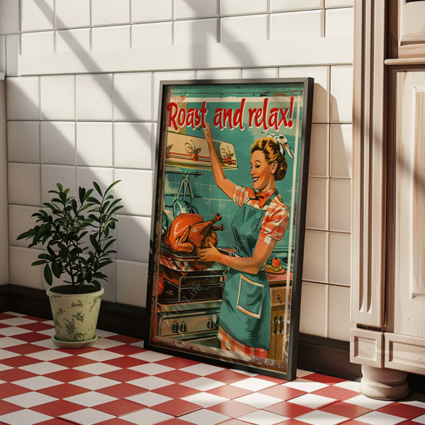 Retro Turkey Dinner Poster of a smiling woman cooking a turkey in a vintage kitchen, framed against a tiled wall with a potted plant. Text reads “Roast and relax!”