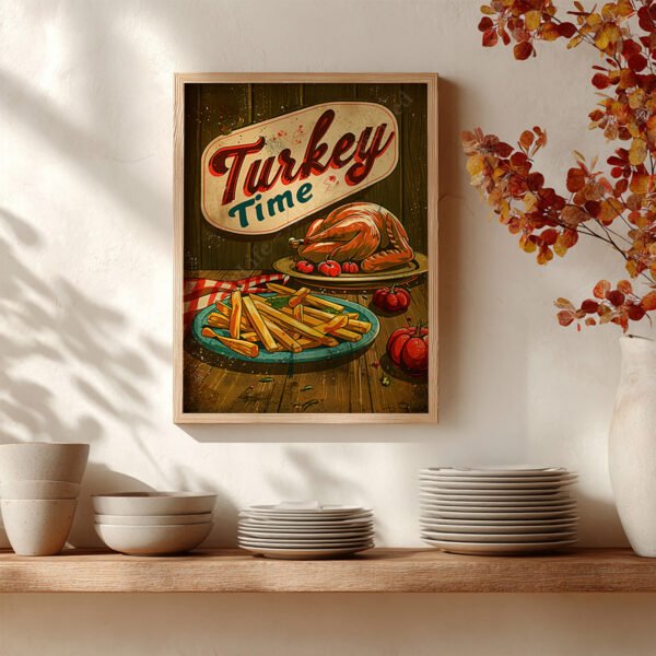 A framed Retro Turkey Diner Poster with turkey and fries stands near rustic decor, red autumn leaves, and stacked white dishes, creating a cozy fall feel.