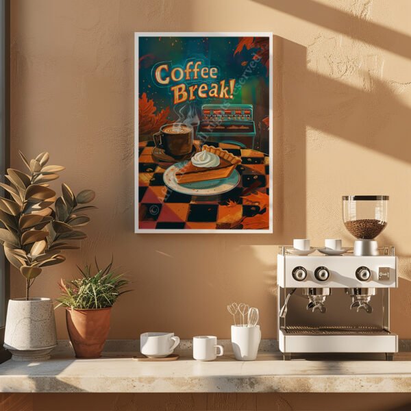 Cozy dining area with pumpkins and dried flowers on a wooden table. A Retro Pumpkin Pie Poster with coffee and pie imagery hangs above, adding nostalgic charm.