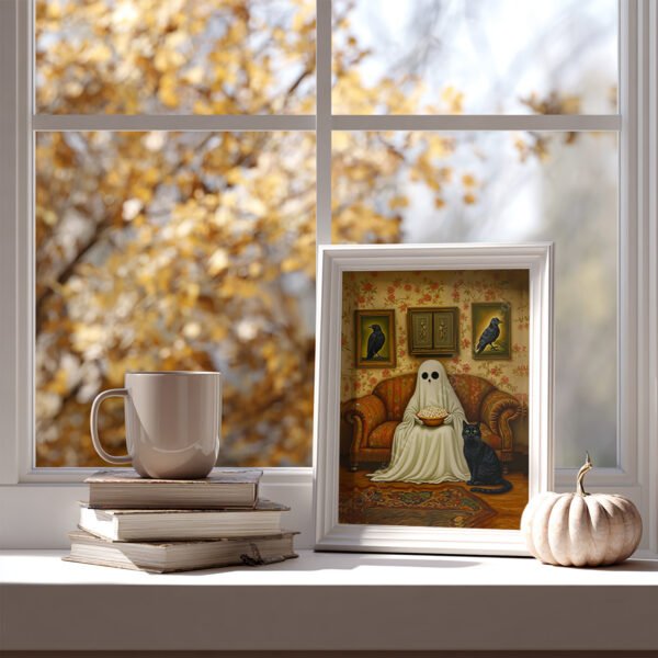 Framed Vintage Halloween Ghost Art of a ghost on a sofa with popcorn and a black cat, displayed on a windowsill with books, mug, and white pumpkin.