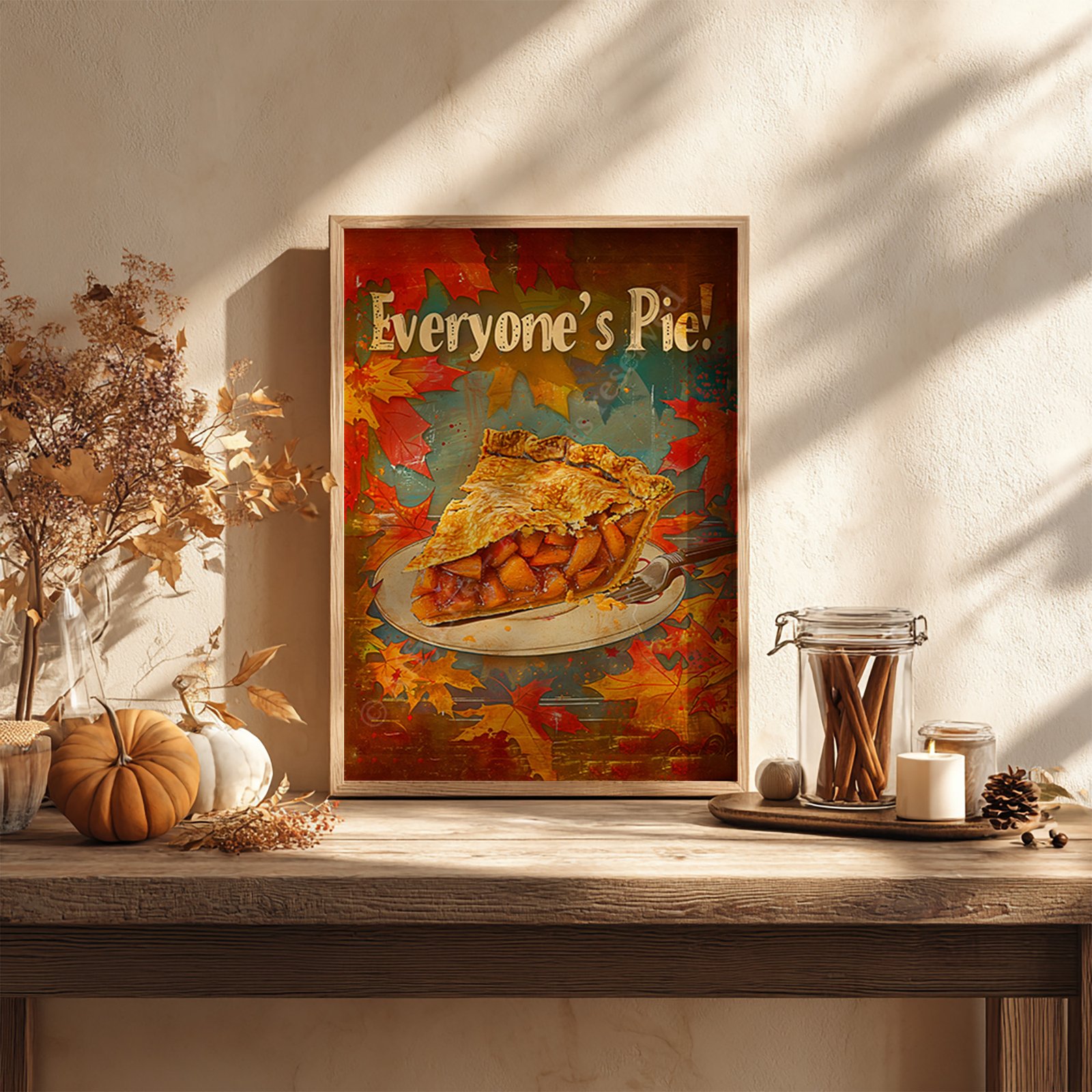 Framed Retro Apple Pie Kitchen Art showing a slice of apple pie with fall leaves, placed on a wooden shelf with pumpkins, candles, and rustic accents.