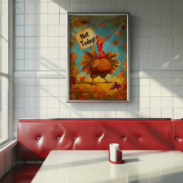 A cheerful Funny Retro Turkey Poster showing a turkey with a "Not Today!" sign hangs on white-tiled walls above a retro red diner booth, with sunlight streaming in.