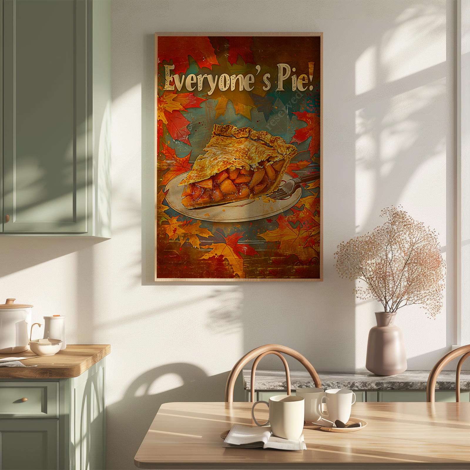 A rustic kitchen wall featuring Retro Apple Pie Kitchen Art of a pie slice with autumn leaves and “Everyone’s Pie!” text. Sunlight highlights mugs and wooden textures.