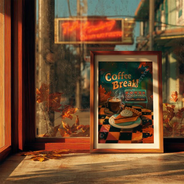 Retro diner booth with red seats and white table, sunlight casting shadows. A Retro Pumpkin Pie Poster on the wall shows coffee and pie in vintage diner style.