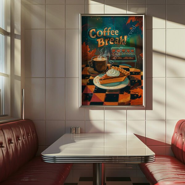 Retro Pumpkin Pie Poster in a vintage diner booth with red seats and a white table. Sunlight casts soft shadows as the poster on the wall displays steaming coffee and a slice of pie.