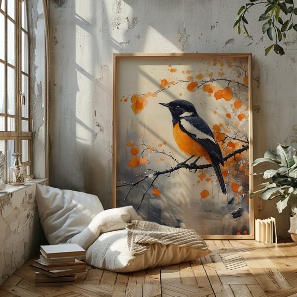 Large framed Japandi Nature Art painting of a bird with an orange belly perched on a branch, sunlight streaming through a nearby window, with soft cushions and a plant nearby.