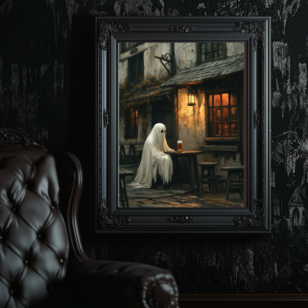 Gothic Wall Art featuring a ghost sitting at a pub table is framed on a black, textured wall in a Victorian-style lounge. A dark leather chair is placed beside the frame, creating a spooky, luxurious vibe. Warm lighting from the pub window contrasts the deep shadows in the room.