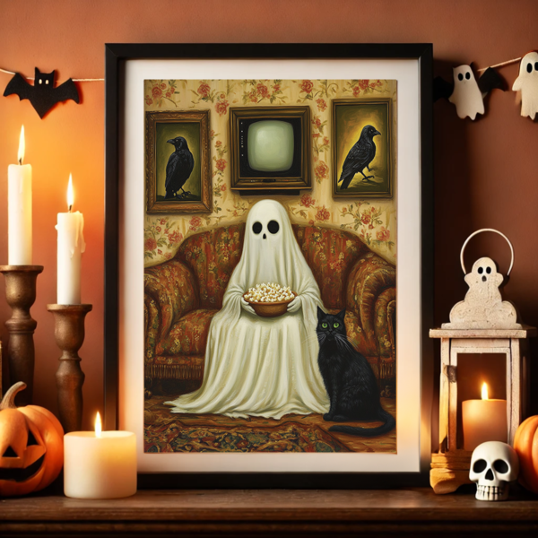 In this Funny Ghost Art, a ghost holding popcorn sits beside a black cat on a retro floral couch. Candles and pumpkins decorate the space, creating a warm Halloween ambiance with spooky yet whimsical charm.