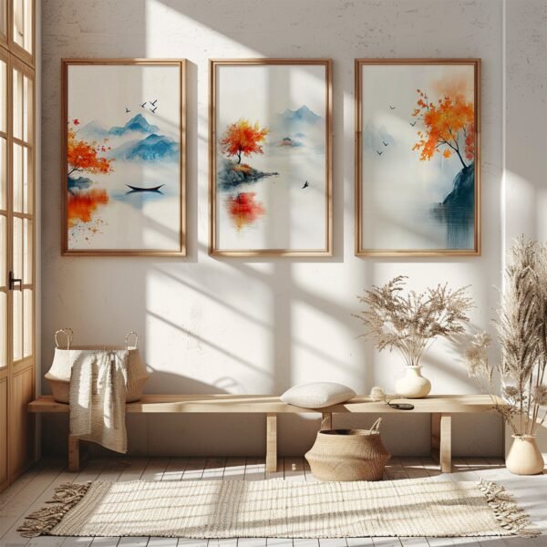 Sunlit room with three framed artworks of vibrant red-orange trees and distant mountains, displayed above a wooden bench with woven accents.