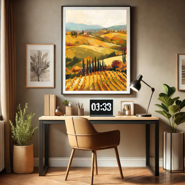 A vertical 3:4 ratio frame showcasing Tuscany travel art hangs on the wall of a minimalist home office. The warm tones of the artwork contrast with the neutral decor, wooden desk, and a small indoor plant.