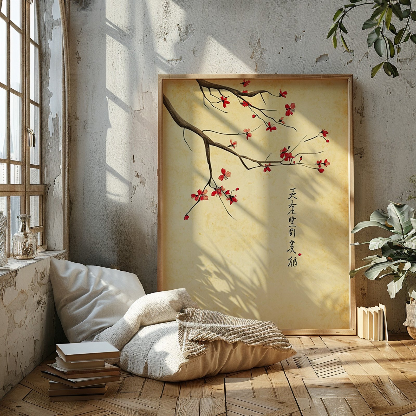 Large framed painting of a branch with red flowers and calligraphy on a sunlit wall, with cushions and books on a parquet floor.