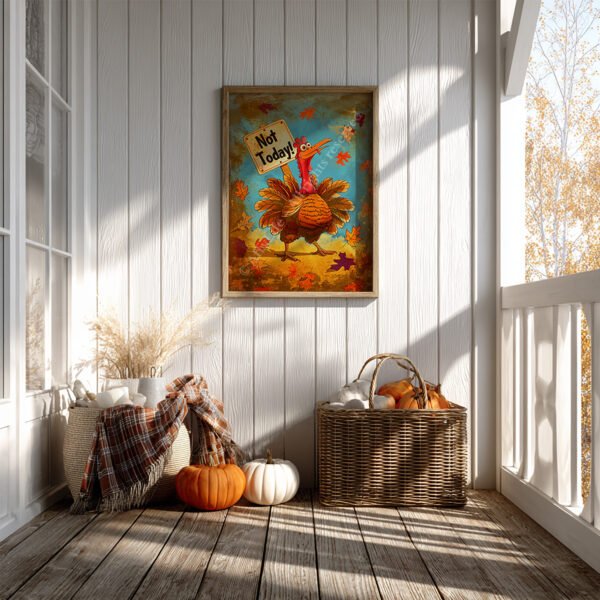A framed Funny Retro Turkey Poster with the phrase "Not Today!" hangs on a sunlit porch wall, surrounded by pumpkins, a plaid blanket, and a wicker basket.
