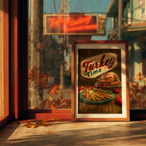 A framed Retro Turkey Diner Poster featuring a roasted turkey and fries sits on a windowsill. Autumn leaves and a blurred neon sign outside create a festive, cozy vibe.