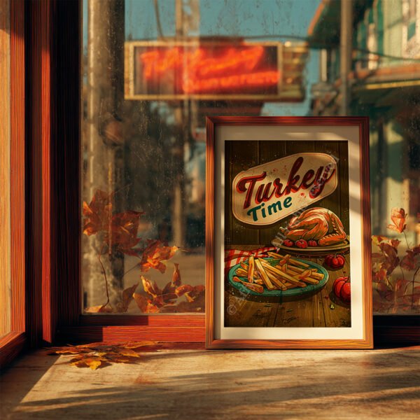 A framed Retro Turkey Diner Poster featuring a roasted turkey and fries sits on a windowsill. Autumn leaves and a blurred neon sign outside create a festive, cozy vibe.