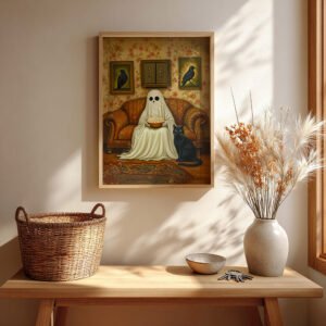 Framed Vintage Halloween Ghost Art of a ghost on a floral couch holding popcorn, a black cat nearby. Decorated with pampas grass in a rustic vase.