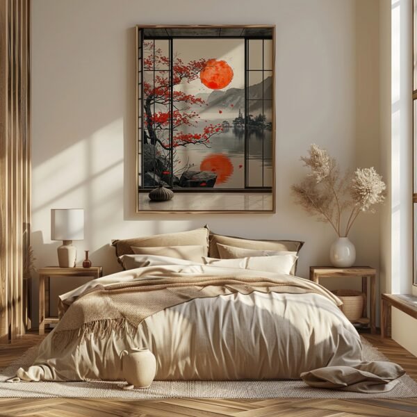 Framed Japandi Autumn Art of a serene lake with red sun and maple tree, leaning on the floor near a beige couch in a cozy, sunlit space.