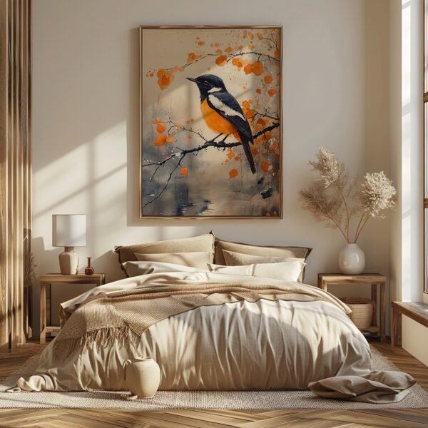 Cozy beige bedroom with soft bedding and a vibrant Japandi Nature Art bird painting above, featuring orange plumage details. Warm, soft lighting enhances the inviting feel.