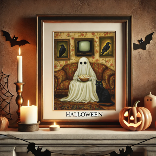 This Funny Ghost Art mockup shows a ghost with a bowl of popcorn sitting on a couch in front of an old-fashioned TV. The room has a vintage Halloween feel with candlelight, pumpkins, and a black cat for a cozy, playful atmosphere.