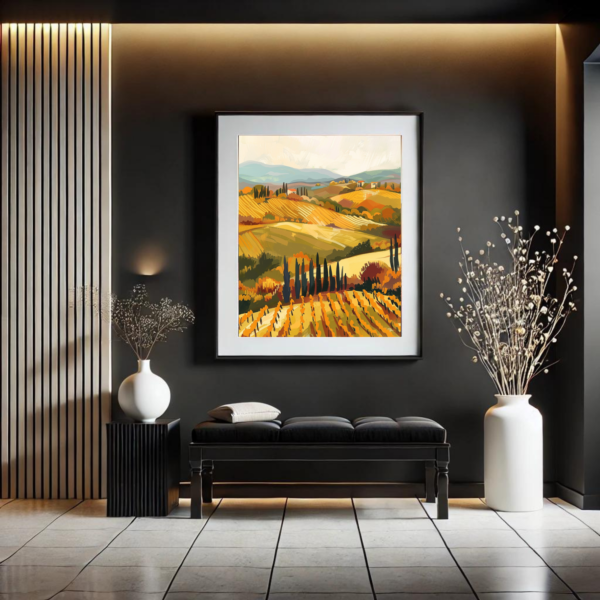 Tuscany travel art in a vertical 3:4 ratio frame hangs in a modern black-and-white hallway. The frame contrasts with the sleek decor, which features a bench, white vase, and soft lighting, enhancing the warm hues of the artwork.