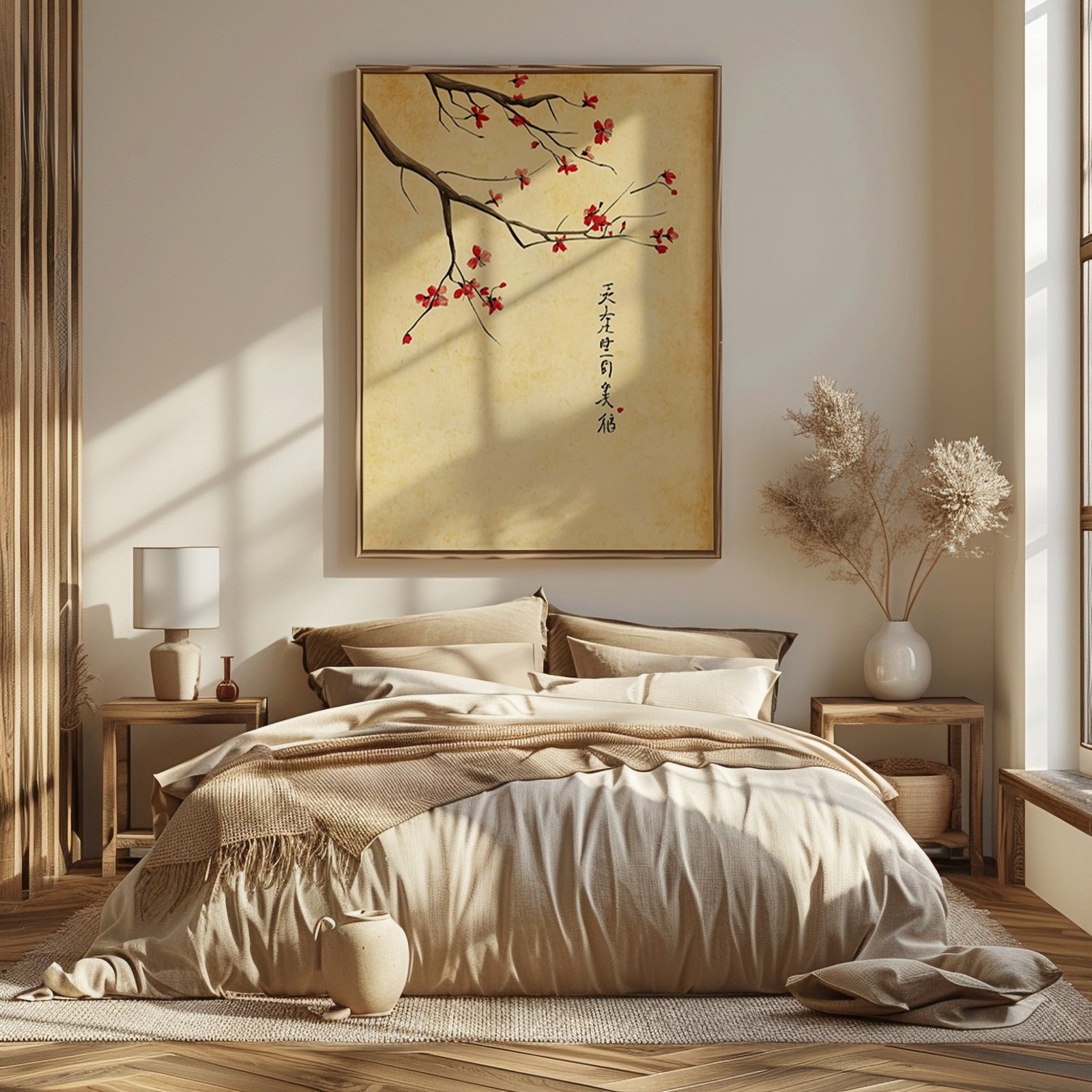 Minimalist bedroom in neutral tones, with a beige bed facing artwork of a branch with red blossoms. Sunlight streams in, creating a serene atmosphere.