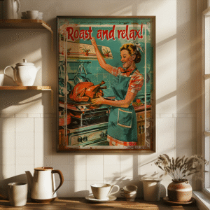 Retro Turkey Dinner Poster framed in a cozy kitchen, showing a smiling woman placing a roast turkey in the oven. Text reads “Roast and relax!”