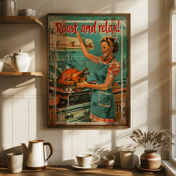 Retro Turkey Dinner Poster framed in a cozy kitchen, showing a smiling woman placing a roast turkey in the oven. Text reads “Roast and relax!”