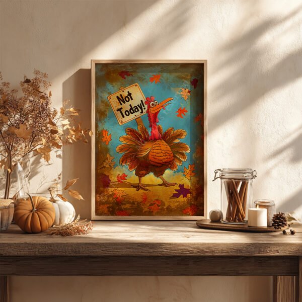 A cartoon turkey holding a "Not Today!" sign in a framed Funny Retro Turkey Poster rests on a rustic shelf surrounded by pumpkins, fall leaves, and dried foliage.