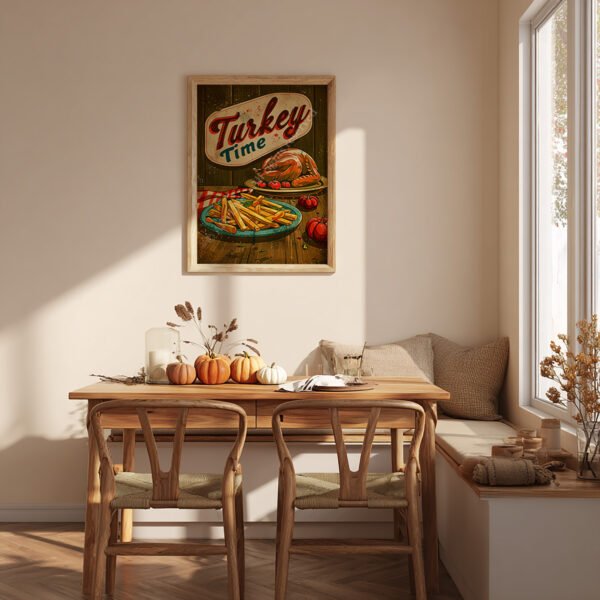 A cozy dining nook with pumpkins and dried flowers on a wooden table. A Retro Turkey Diner Poster hangs on the wall, bathed in soft sunlight.