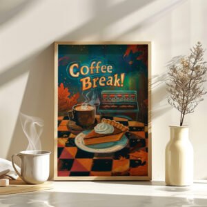 Framed Retro Pumpkin Pie Poster with “Coffee Break!” text, featuring a steaming cup, pie slice, and teal cash register on a checkered table. A mug and vase add cozy detail.