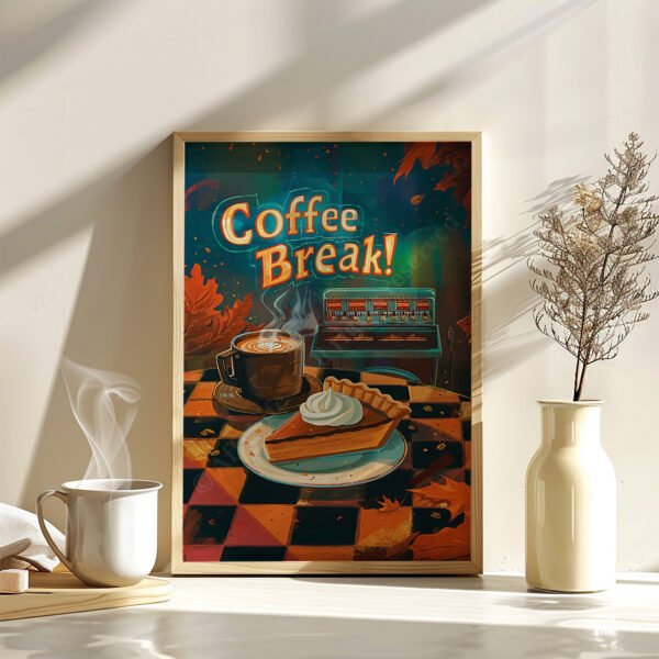 Framed Retro Pumpkin Pie Poster with “Coffee Break!” text, featuring a steaming cup, pie slice, and teal cash register on a checkered table. A mug and vase add cozy detail.