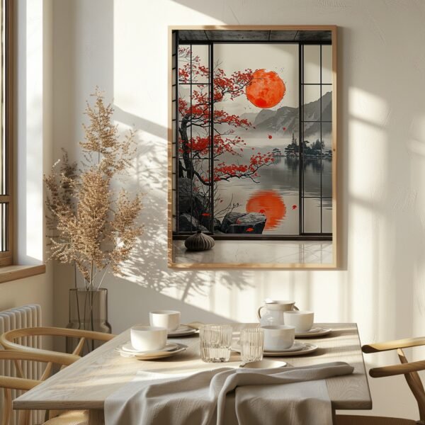Neutral-toned bedroom with a large framed Japandi Autumn Art showing a red sun above a lake and red-leaved branches, adding warmth and serenity.