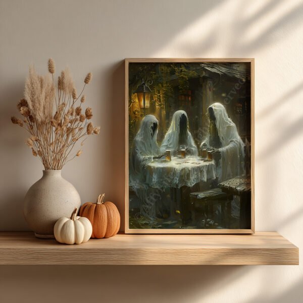 Framed Funny Halloween Ghost Art showing three ghostly figures in white sheets sitting around a table with drinks under a lantern, displayed on a shelf with warm autumn decor.