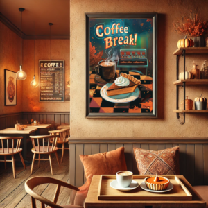 The Retro Autumn Decor poster, featuring coffee and pumpkin pie, is displayed in a rustic cafe with wooden tables. Earthy colors, soft lighting, and autumn decorations enhance the warm and cozy fall vibe.