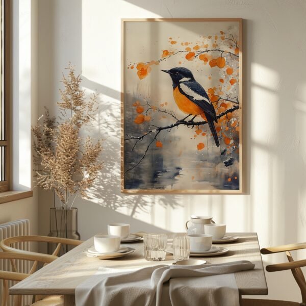Sunlit dining area with a table set for four, decorated with dried plants and framed Japandi Nature Art of a bird with orange and black hues.