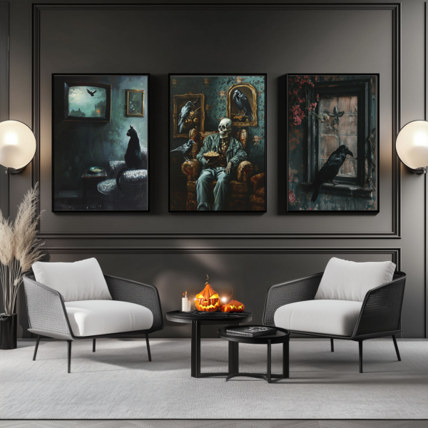 A dark gothic poster with a black cat sitting in front of a TV, watching a raven on the screen. The setting is a vintage, dimly lit room with deep green walls and an armchair, giving the space a mysterious, eerie tone. Small details add to the gothic ambiance.