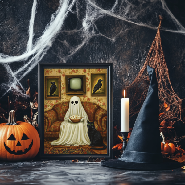 A ghost holding a bowl of popcorn sits on a retro couch next to a black cat. Candles, pumpkins, and a vintage TV complete the scene giving this Funny Ghost Art a nostalgic Halloween feel with a humorous twist.