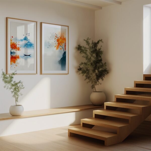 Minimalist interior with two framed landscape paintings of orange trees, wooden staircase, and lush potted plants, creating a calm, natural ambiance.