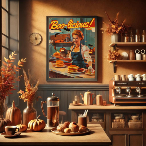 Retro Halloween Poster showing a kitchen with stacked pancakes, Halloween pumpkins, and warm, rustic tones. Soft lighting gives it a cozy, inviting feel for autumn or Halloween decor.