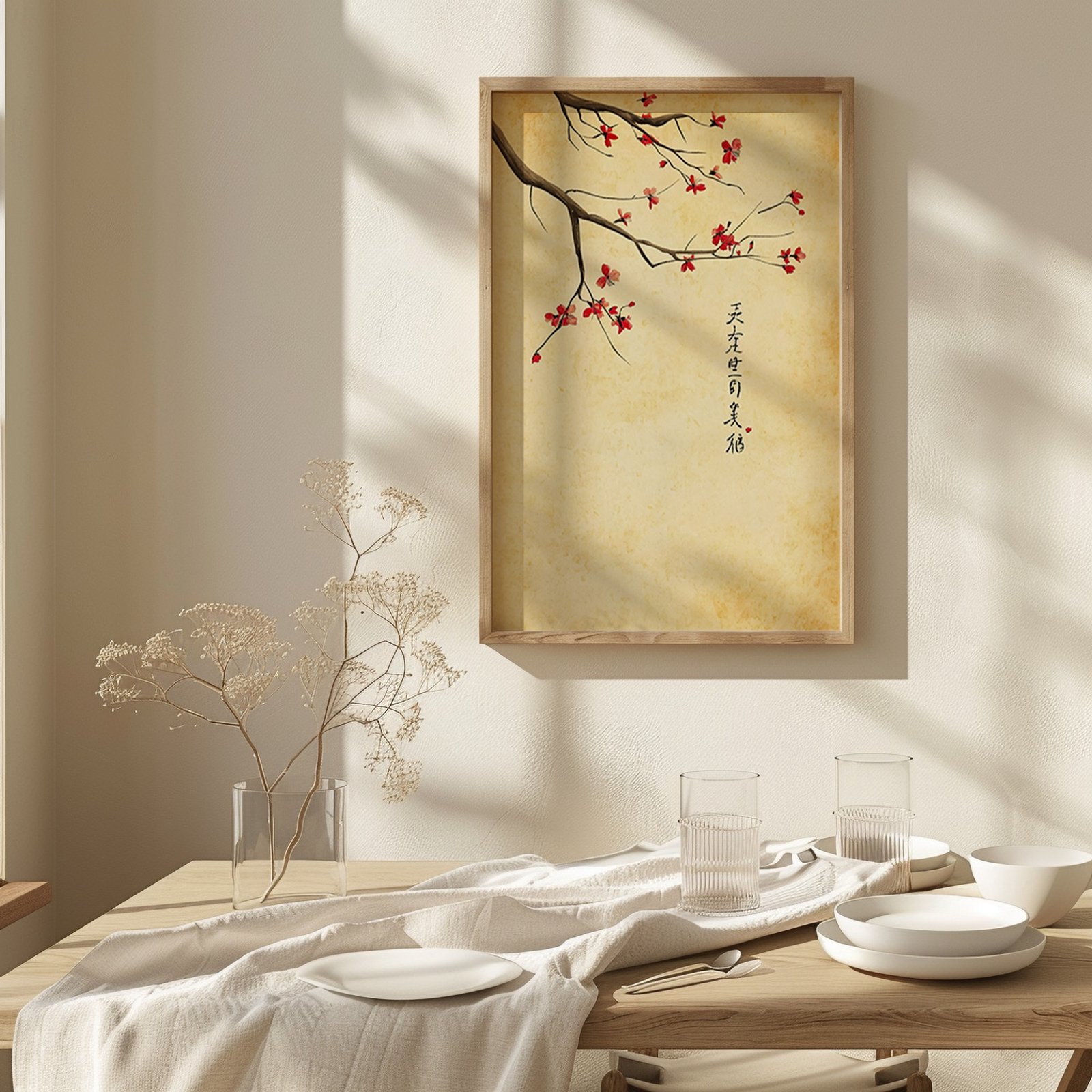 Framed artwork with red blossoms on a branch hangs above a sunlit dining table set with white dishes and a vase of flowers, evoking calm and balance.