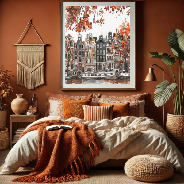 Amsterdam autumn art print in a boho-style bedroom with terracotta tones and warm textiles. The soft textures of the room, including woven baskets and blankets, complement the warm, autumnal hues of the print.