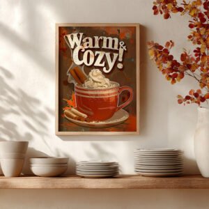A framed Retro Hot Chocolate Poster on a rustic wall, showing a steaming red mug with whipped cream, cinnamon sticks, and autumn leaves. Text reads "Warm & Cozy!".