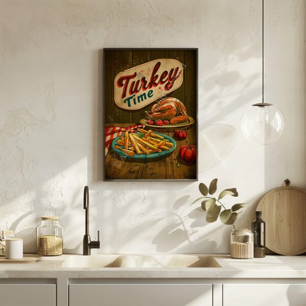 A retro-style Retro Turkey Diner Poster with turkey, fries, and tomatoes hangs on a sunlit kitchen wall. Soft shadows add a warm, nostalgic feel.