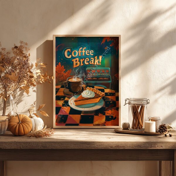 Framed Retro Pumpkin Pie Poster with a steaming coffee cup, pie with cream, and jukebox on a checkered table, surrounded by autumn leaves and cozy decor.