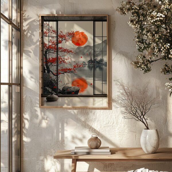 Framed Japandi Autumn Art of a serene lake view with mountains, a red moon, and a red-leaved tree, softly illuminated in a cozy interior.