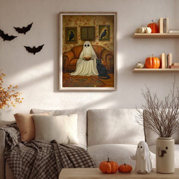Cozy autumn room featuring Vintage Halloween Ghost Art of a ghost with popcorn and black cat on a sofa, surrounded by pumpkins and bat decorations